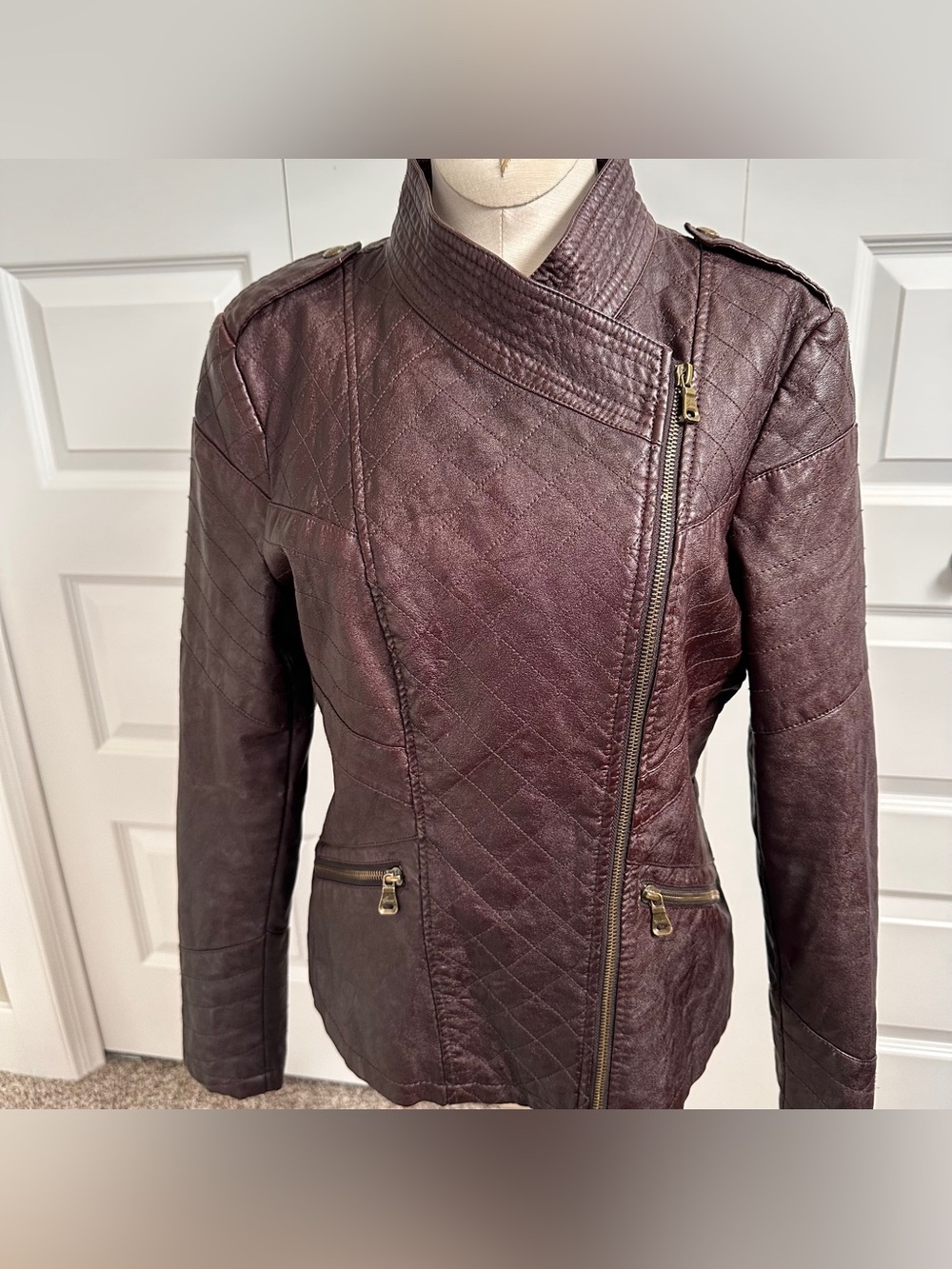 Y2K Guess Los Angeles Brown Mahogany Faux Leather Moto Military Jacket Women’s M